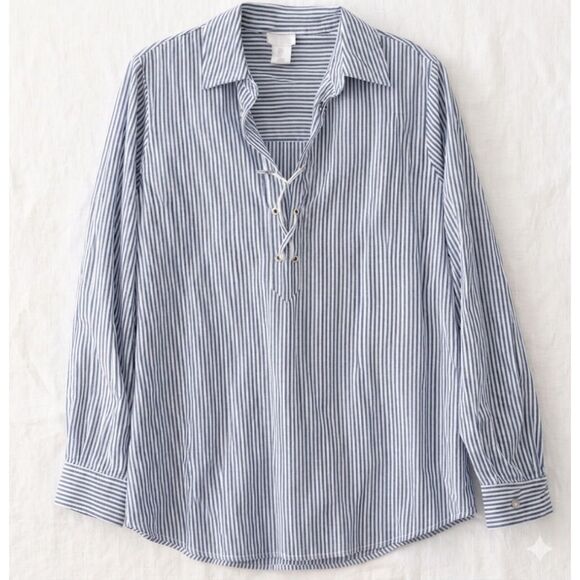Sigrid Olsen Tops - Sigrid Olsen Womens S Blue White Striped Lace Up Popover Shirt Nautical Blouse